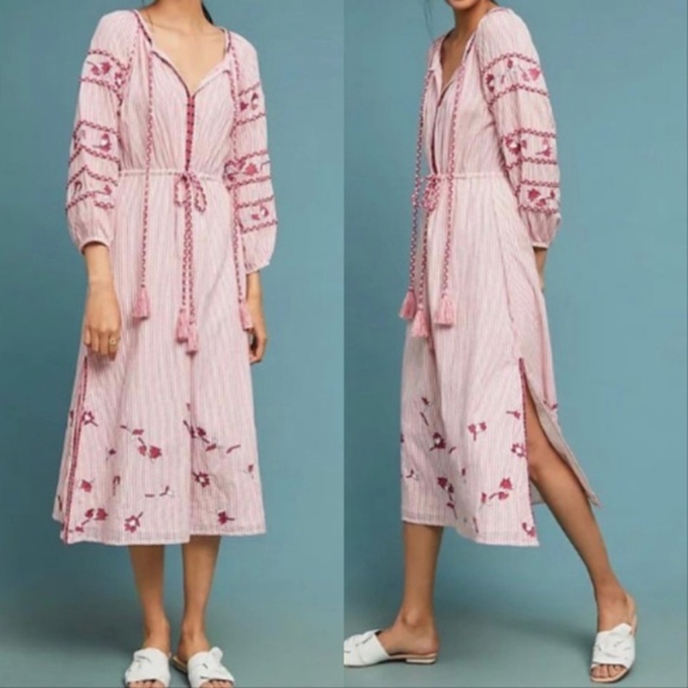 Misa Los Angeles Tasya Embroidered Pink and White Stripe Flowy Midi Dress